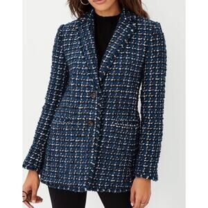 Ann Taylor The Greenwich Tweed Blazer/Jacket Blue Black White Plaid Fringe Sz 6